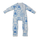 Long sleeves blue stripe bow castle girls zipper romper