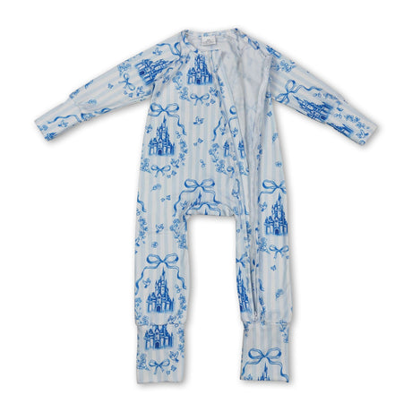 Long sleeves blue stripe bow castle girls zipper romper