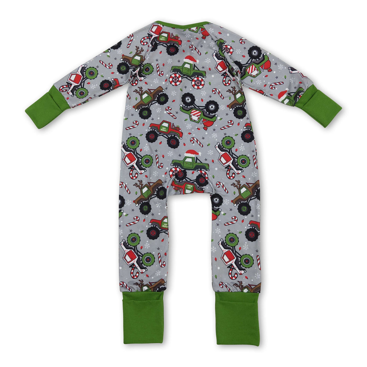 Green long sleeves Christmas hat truck baby boy zipper romper