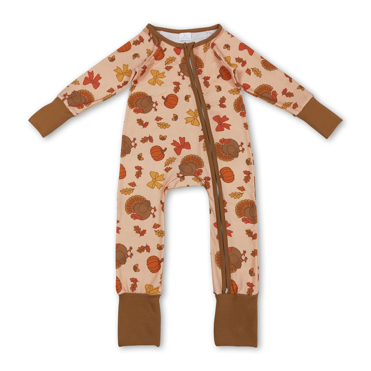 Pumpkin bow turkey baby girls Thanksgiving zip romper