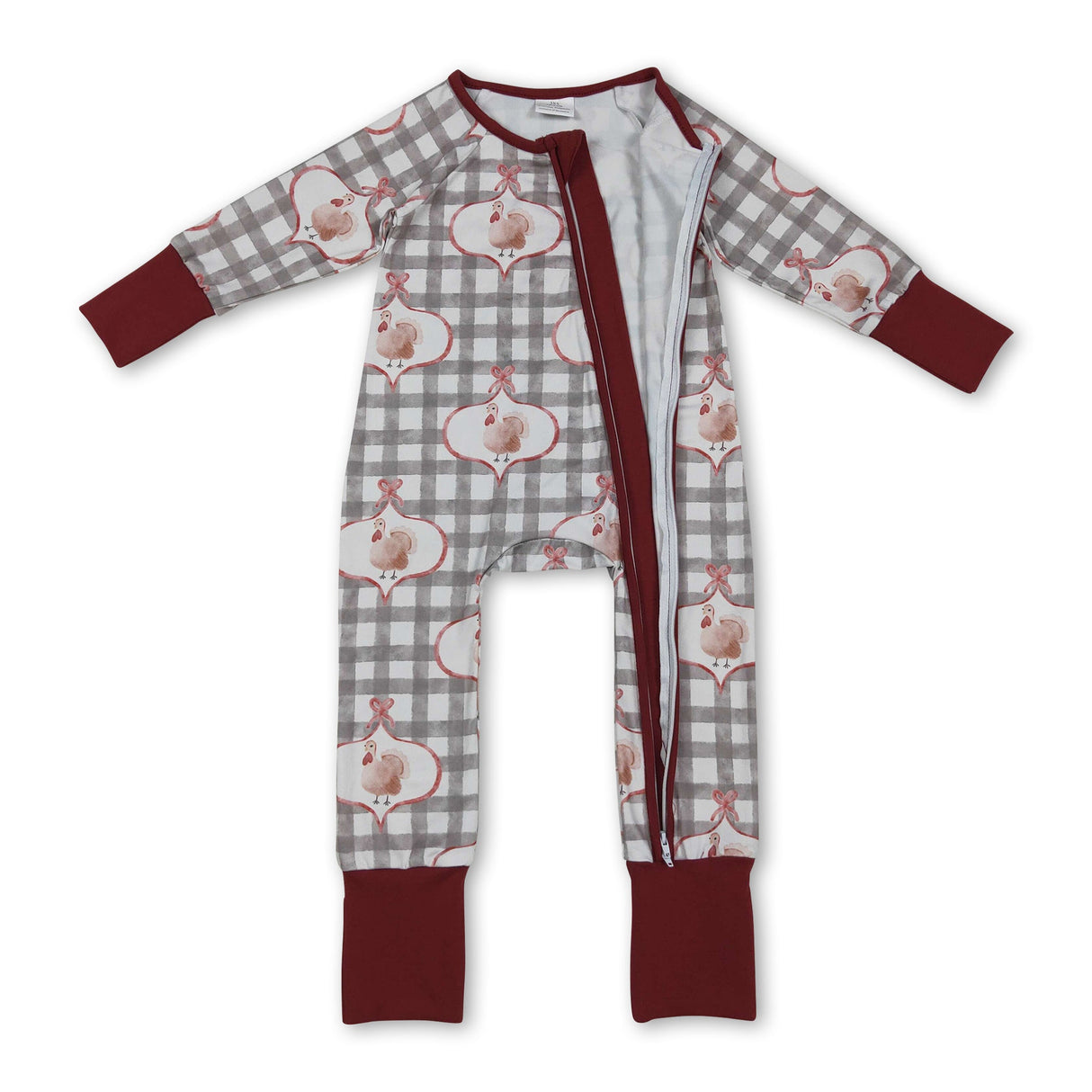 Turkey bow plaid baby girls Thanksgiving zipper romper