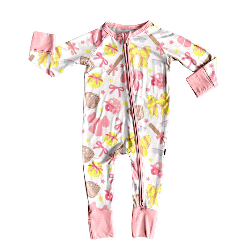 Long sleeves pink bow softball baby girls zipper romper