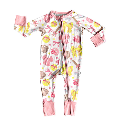 Long sleeves pink bow softball baby girls zipper romper