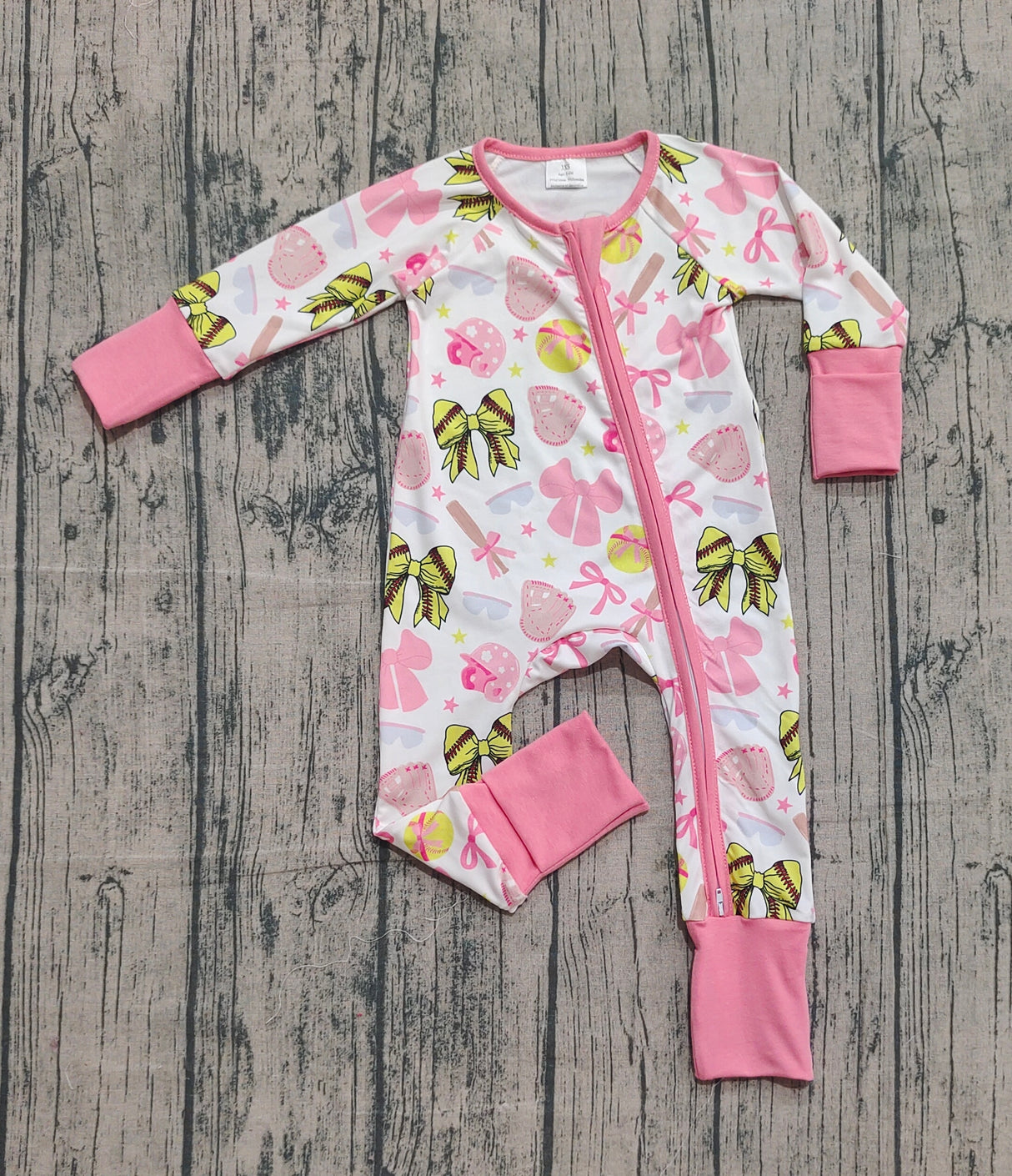 Long sleeves pink bow softball baby girls zipper romper