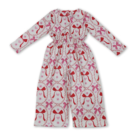 Long sleeves red bows heart kids girls valentine jumpsuit
