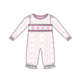 Stripe long sleeves pink flowers heart baby girls Valentine's day romper