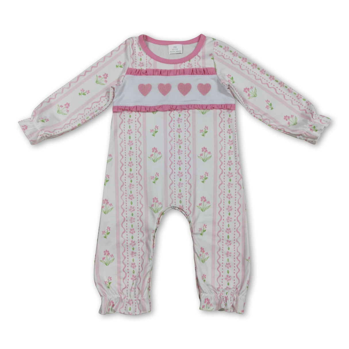 Stripe long sleeves pink flowers heart baby girls Valentine's day romper