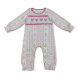 Stripe long sleeves pink flowers heart baby girls Valentine's day romper