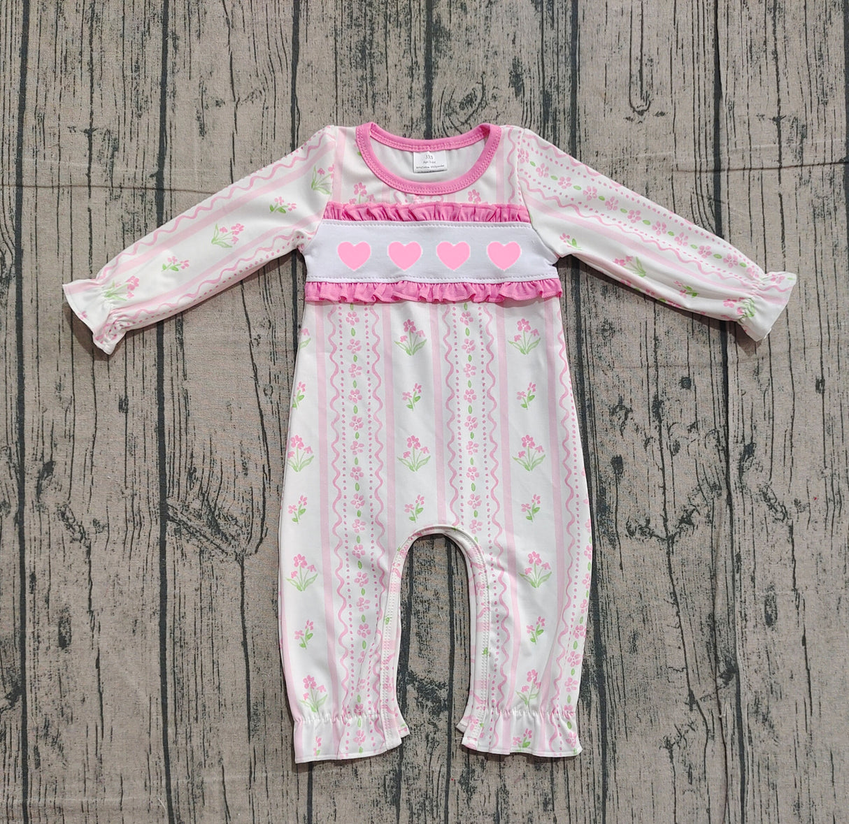 Stripe long sleeves pink flowers heart baby girls Valentine's day romper