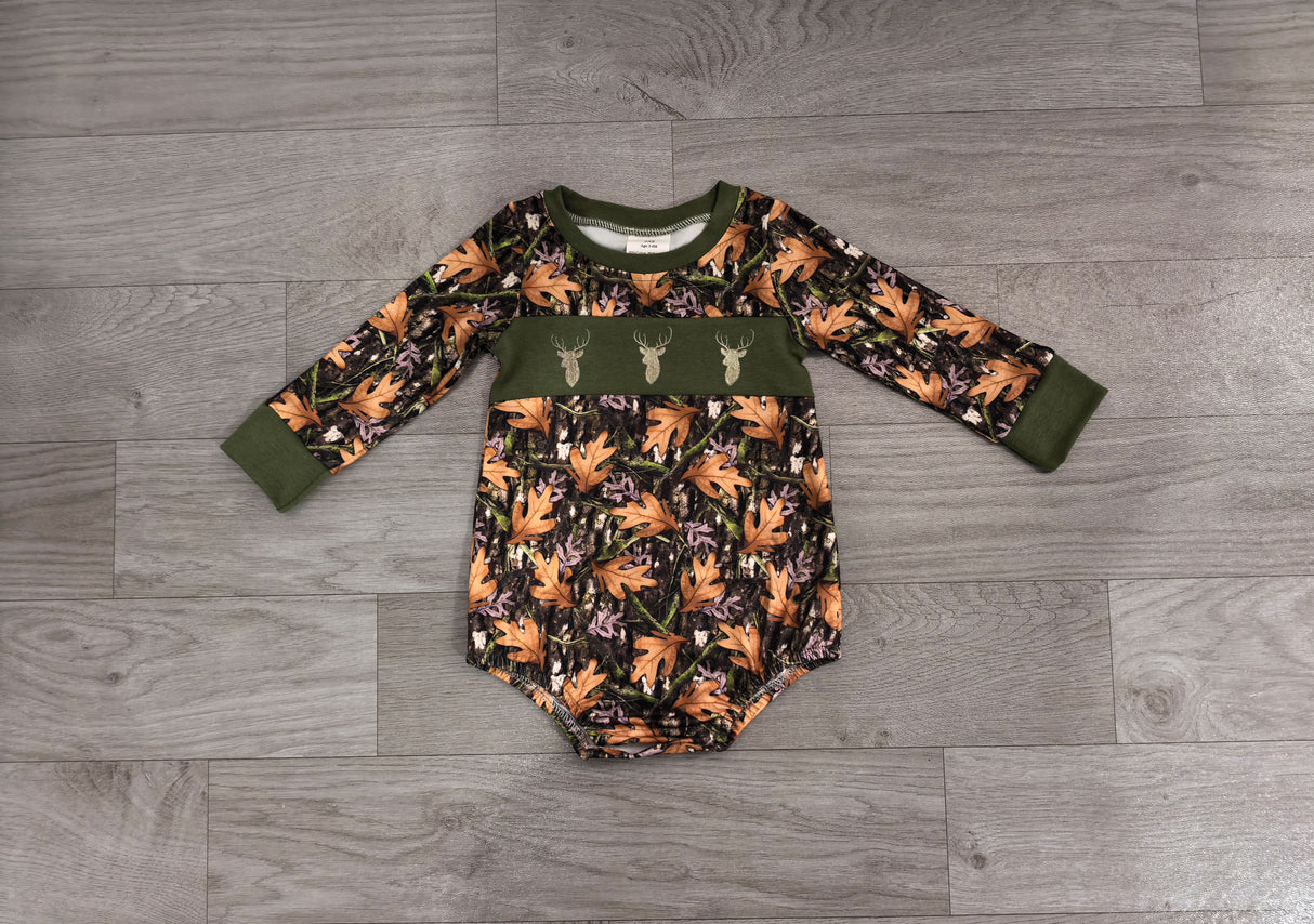 deer smock long sleeves leaves baby boy romper