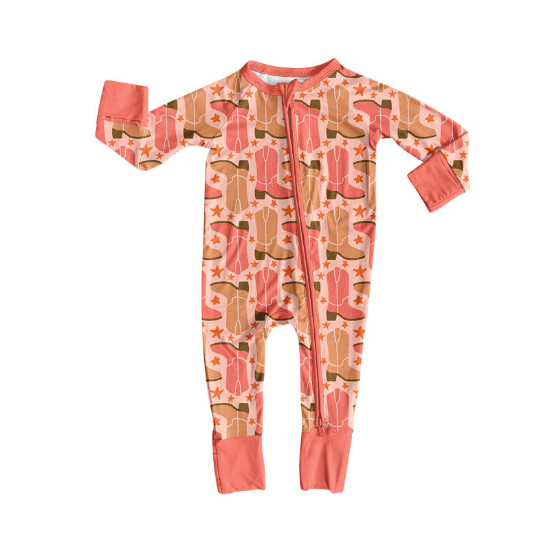 long sleeves western boots stars baby romper