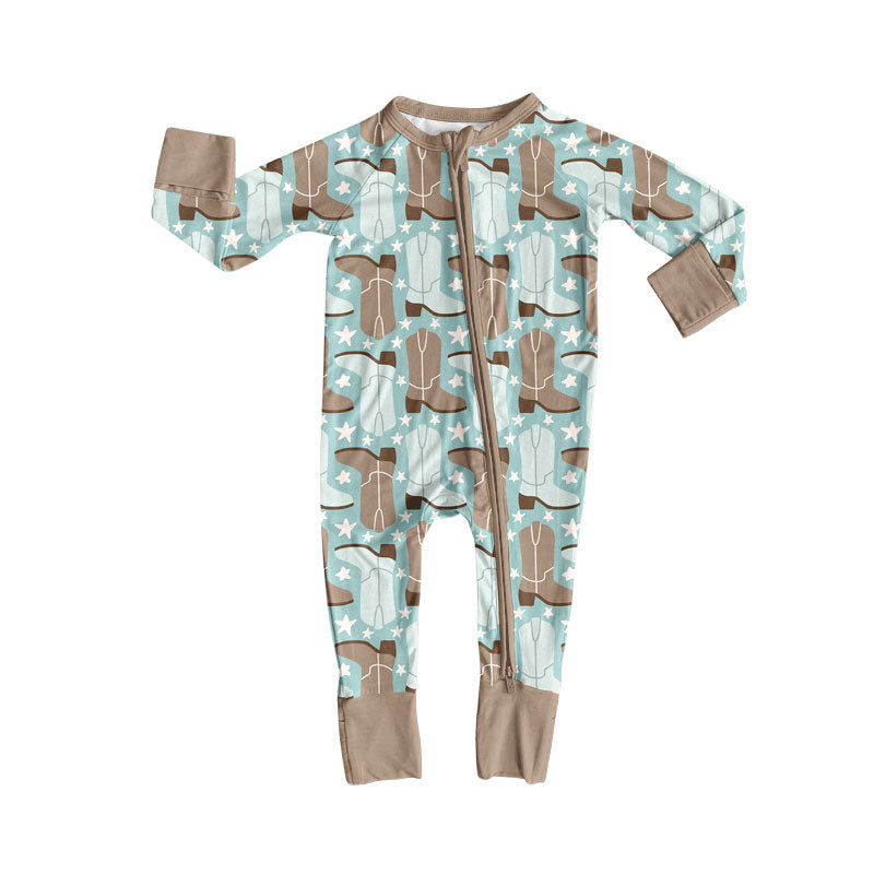 long sleeves blue western boots stars baby romper
