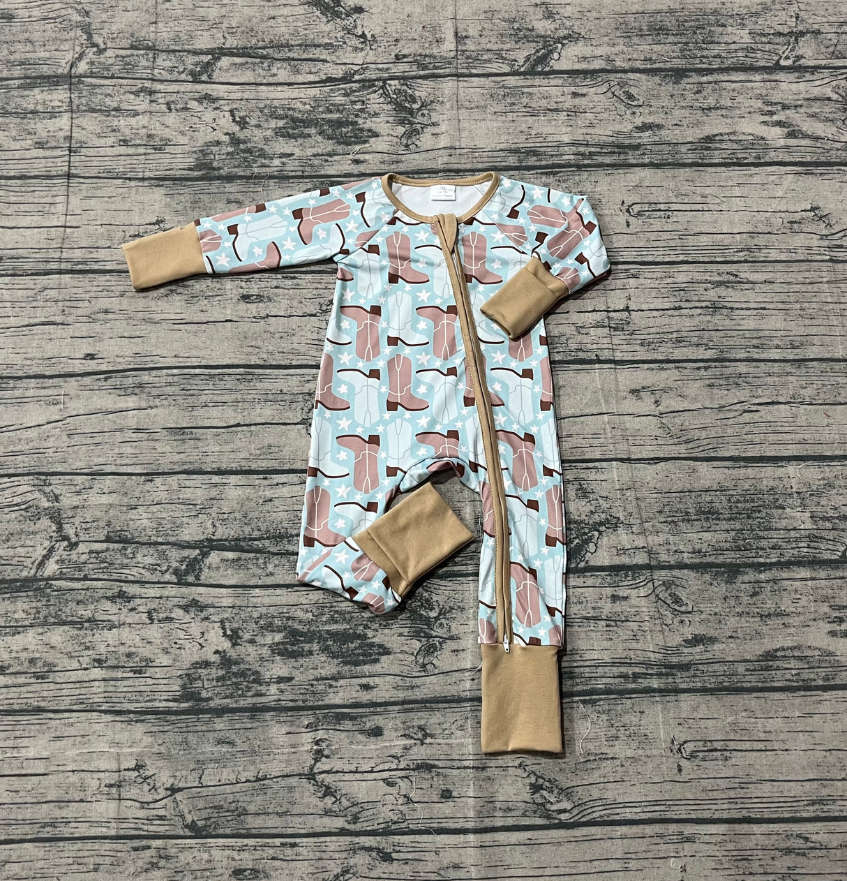 long sleeves blue western boots stars baby romper