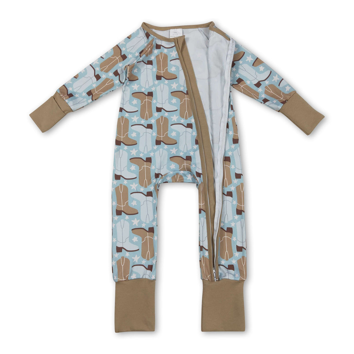 long sleeves blue western boots stars baby romper