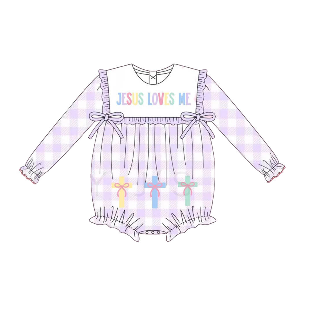 Long sleeves purple plaid girl romper