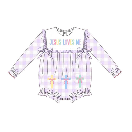 Long sleeves purple plaid girl romper