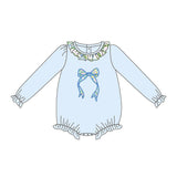 Long sleeves blue plaid  floral bows girl romper