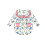 blue bows flowers print baby girl romper