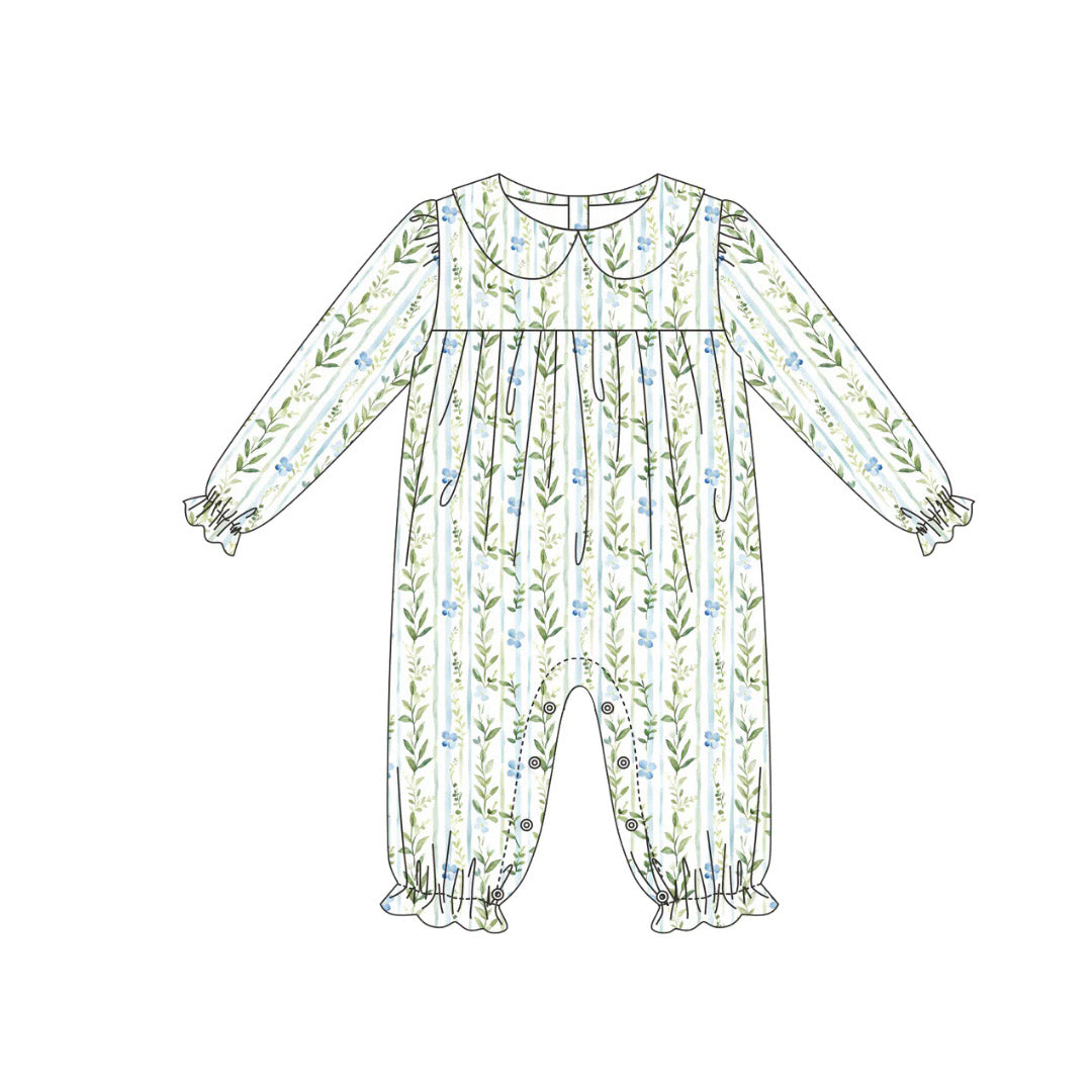 green flowers print baby girl long sleeve romper