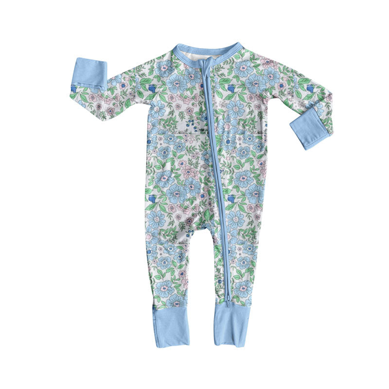 blue flowers print baby girl long sleeve romper