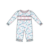 blue flowers heart print baby girl long sleeve romper