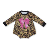 Long sleeves leopard pink bow baby girls romper