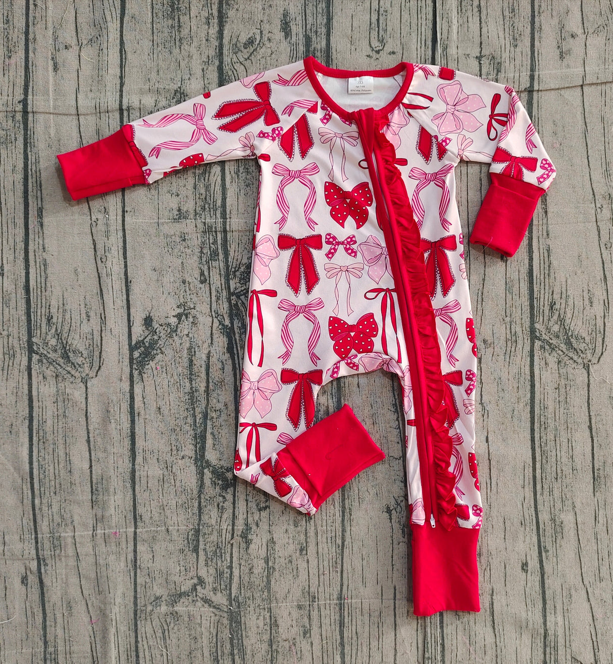 Long sleeves red pink bows baby girls zipper romper