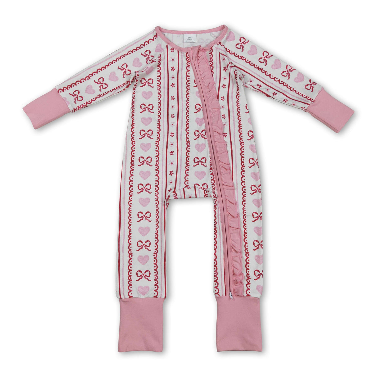 Long sleeves pink bow heart baby girls valentine's zip romper