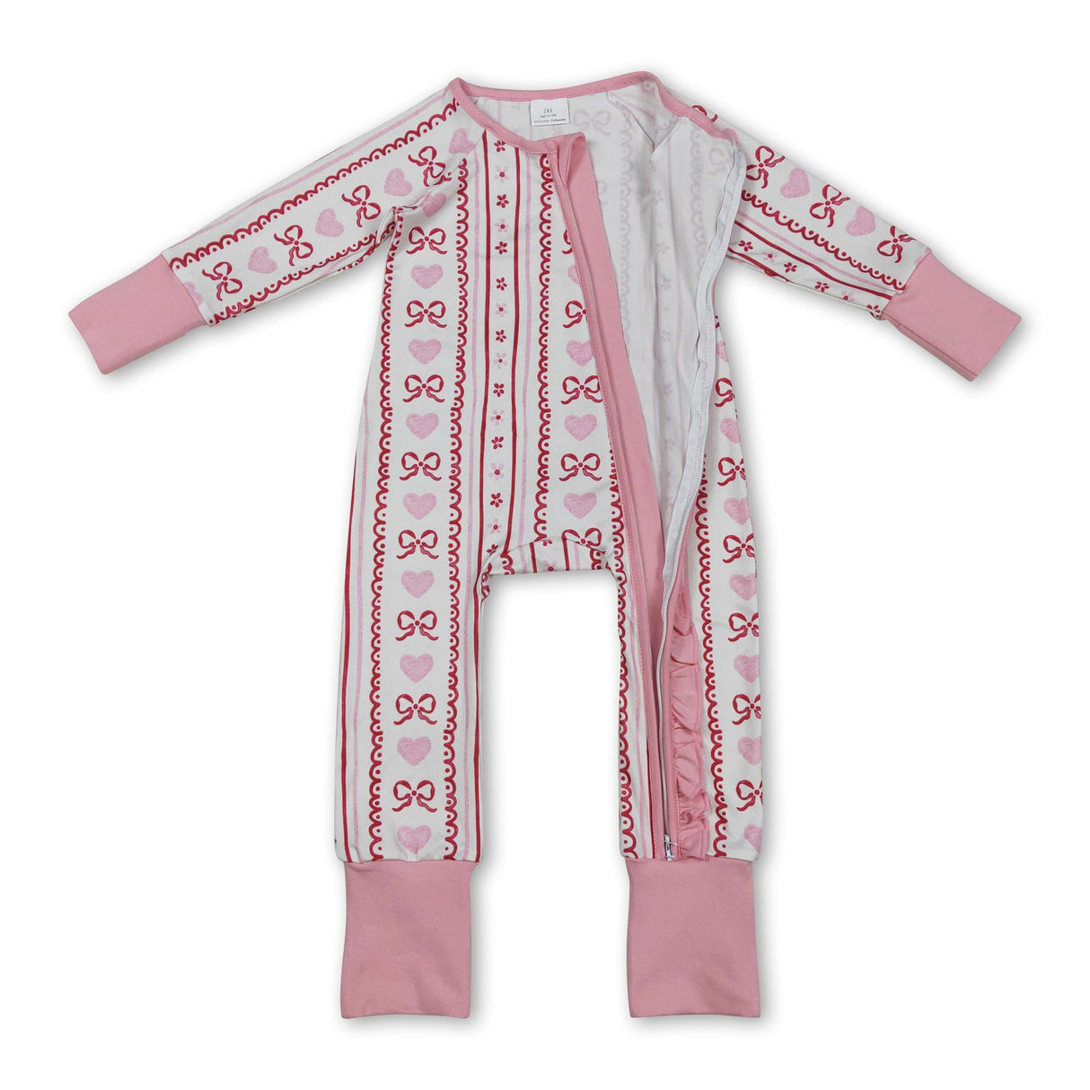Long sleeves pink bow heart baby girls valentine's zip romper