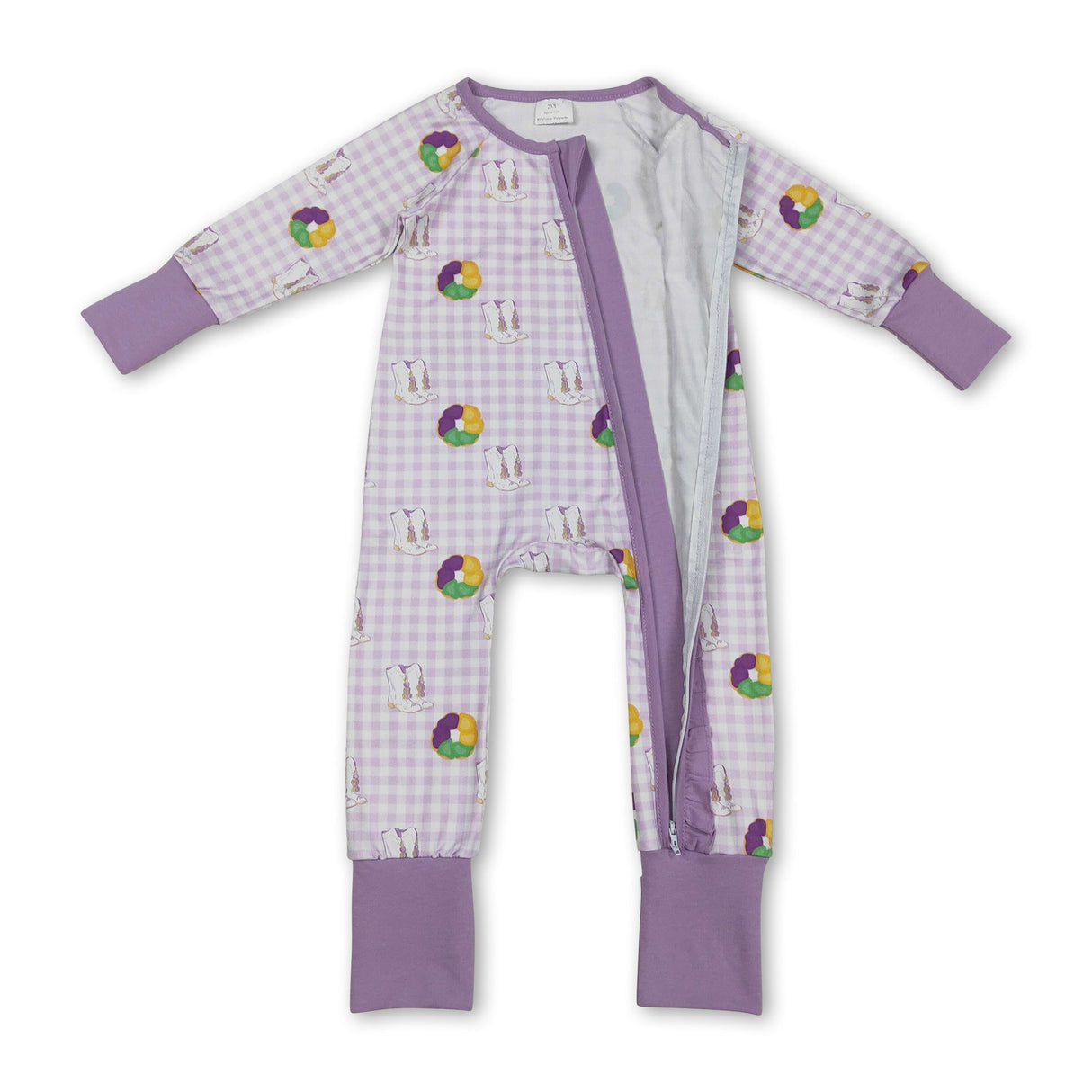 Plaid donut boots baby girls Mardi Gras zipper romper