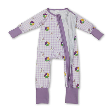 Plaid donut boots baby girls Mardi Gras zipper romper