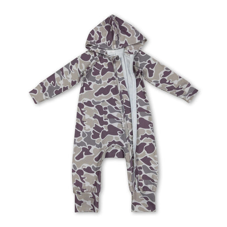 Long sleeves light khaki camo baby hooded zipper romper