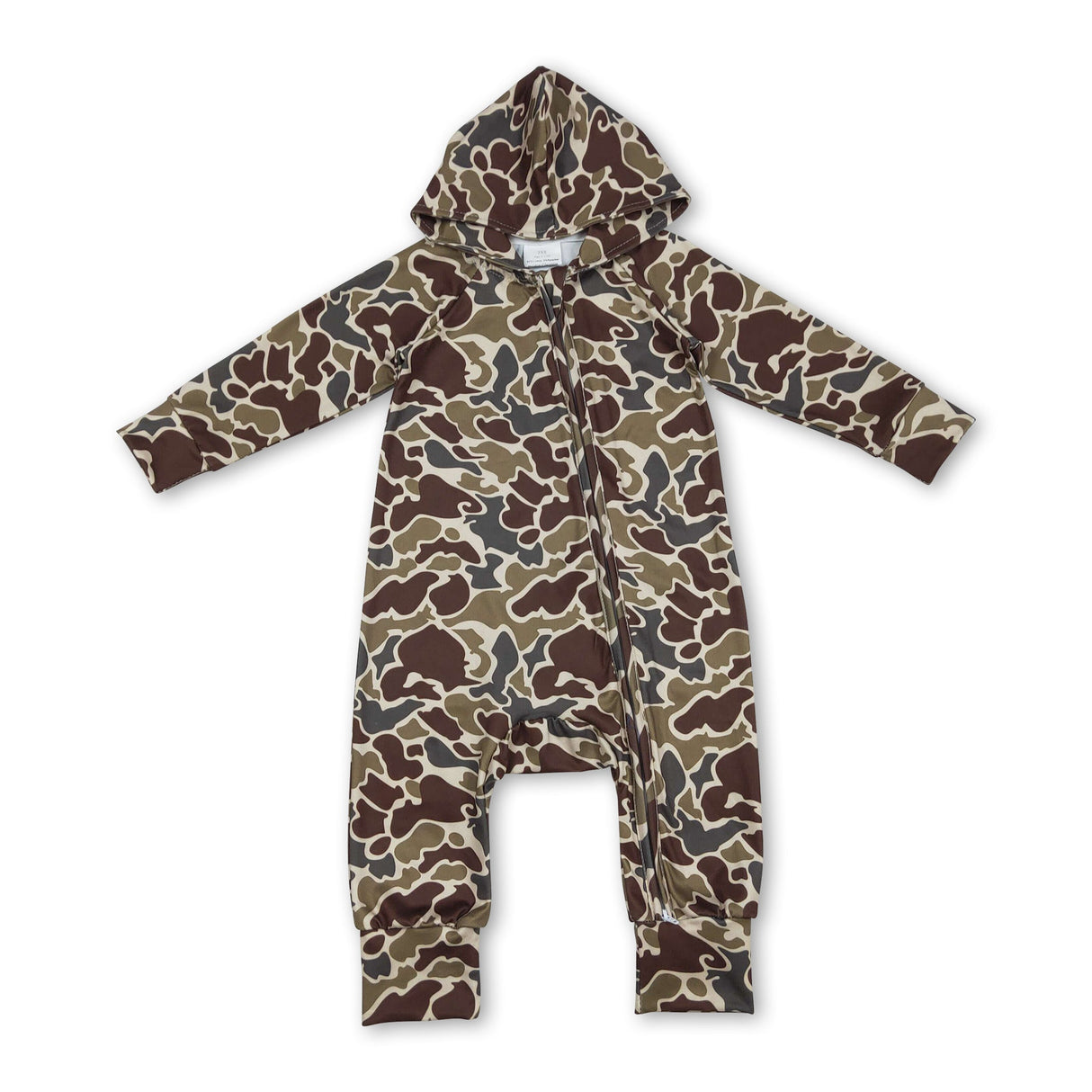 Long sleeves dark brown camo zipper baby hooded romper