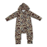 Long sleeves dark brown camo zipper baby hooded romper