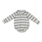 Purple green yellow stripe boy Mardi Gras polo romper