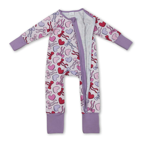 Long sleeves lavender heart bow baby Valentine's romper