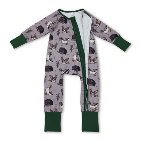 Long sleeves green duck camo hat baby girls zipper romper