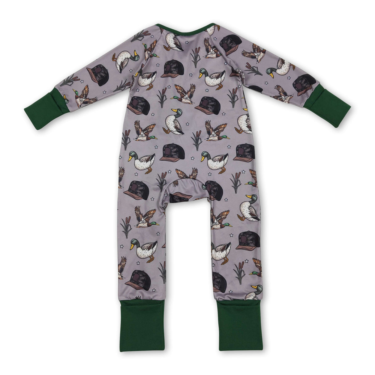 Long sleeves green duck camo hat baby girls zipper romper