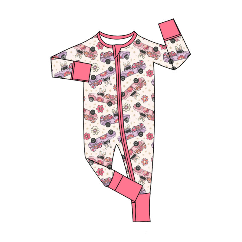 Rabbit egg floral truck baby girls Easter zipper romper