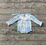 Long sleeves light blue smocked bow floral baby girls romper