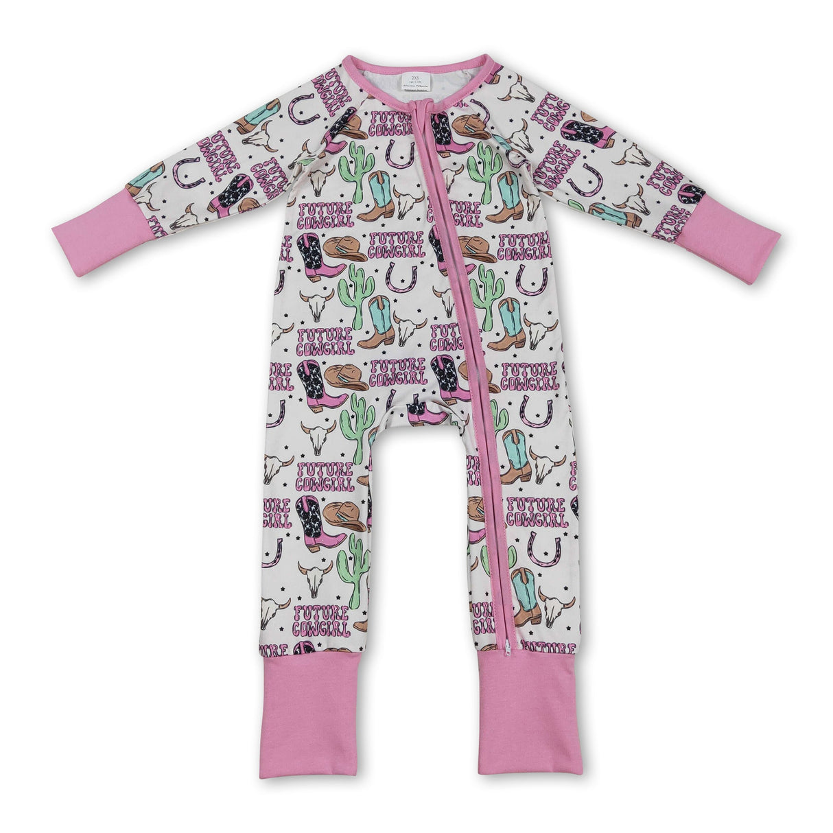 Long sleeves boots bull skull western baby girl zipper romper