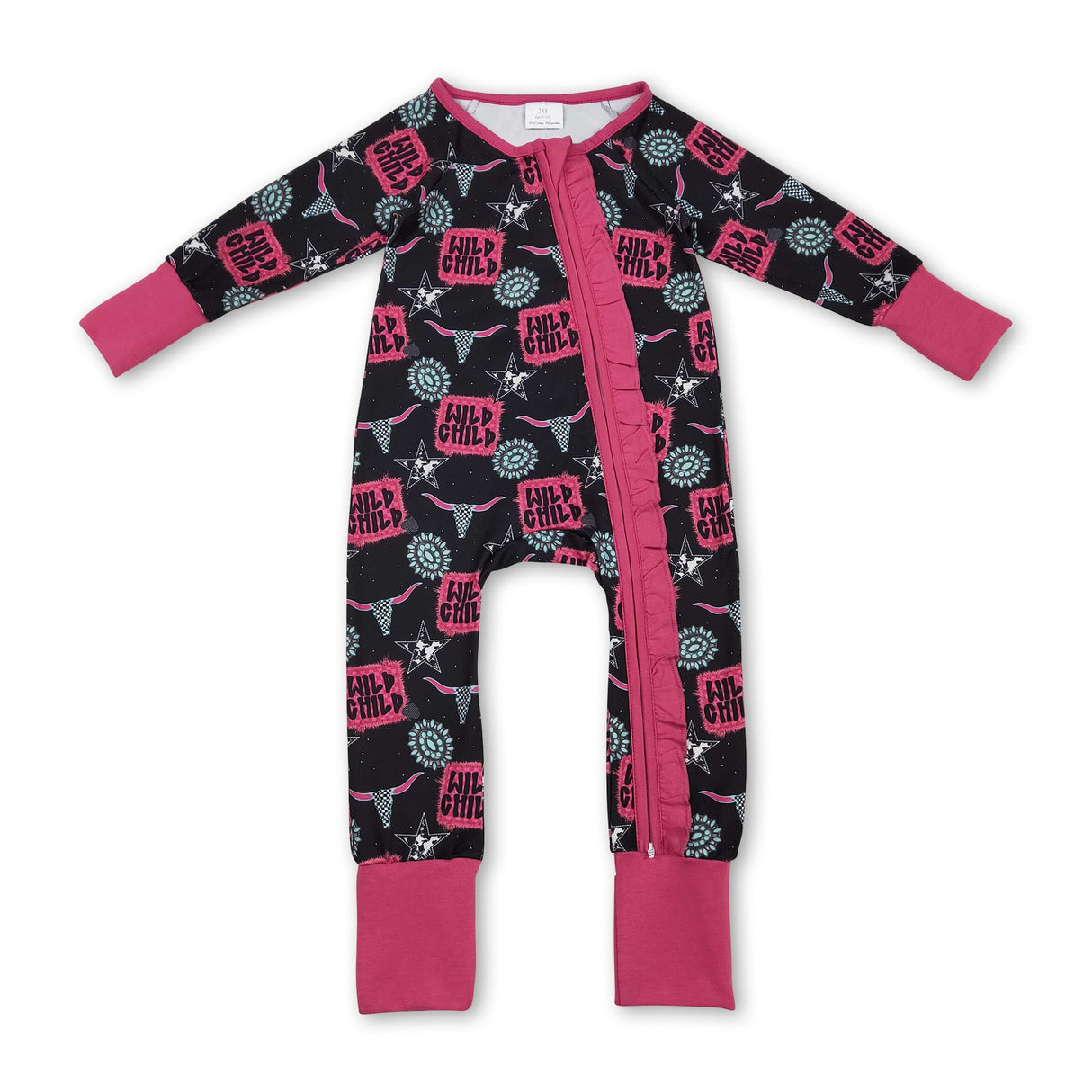 Wild child turquoise bull skull western girls zipper romper