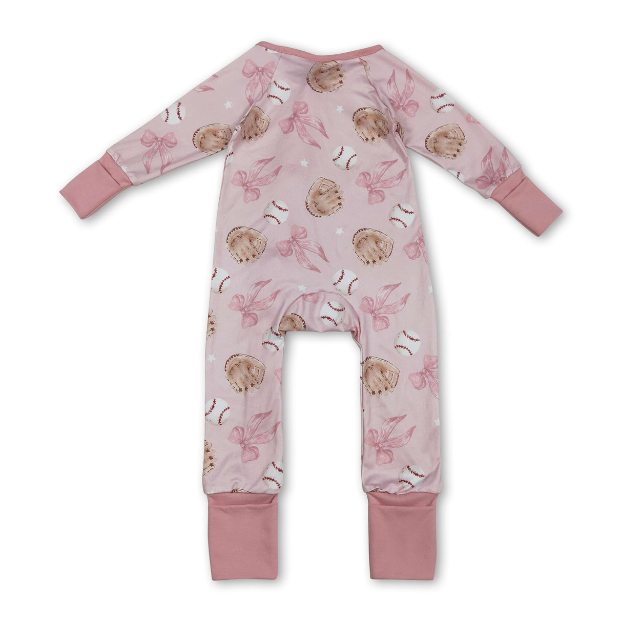 Long sleeves pink bow baseball baby girls zipper romper