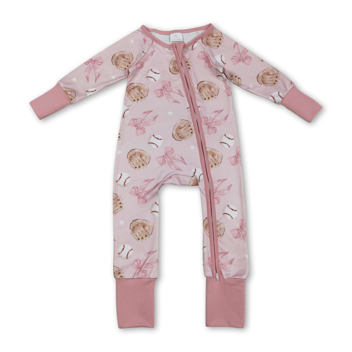 Long sleeves pink bow baseball baby girls zipper romper