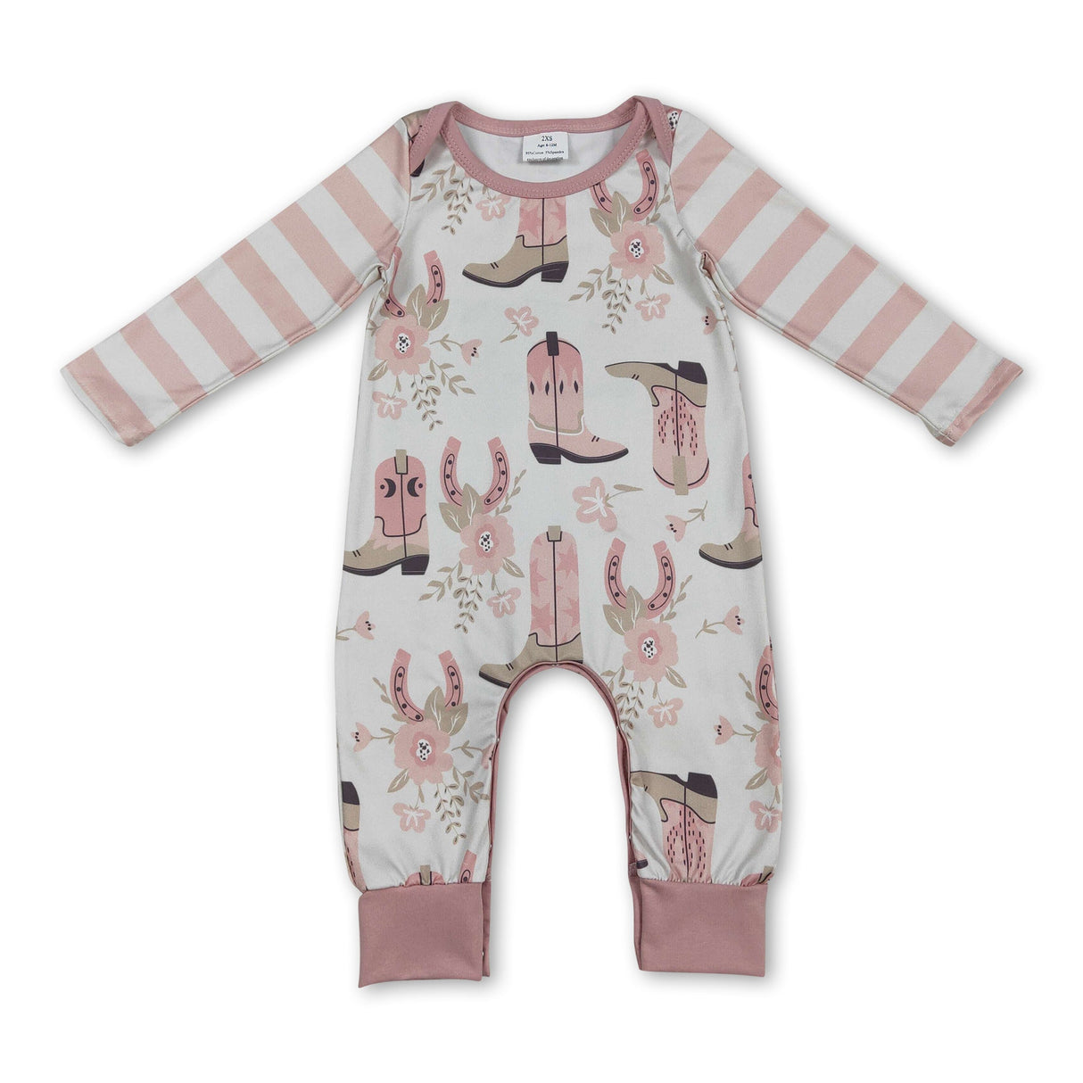 Pink stripe long sleeves boots floral baby girls romper