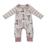 Pink stripe long sleeves boots floral baby girls romper