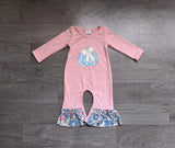 Pink cotton floral bow embroidery girls fall romper