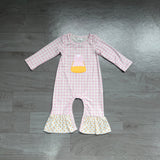 Pink plaid candy corn embroidery girls Halloween romper