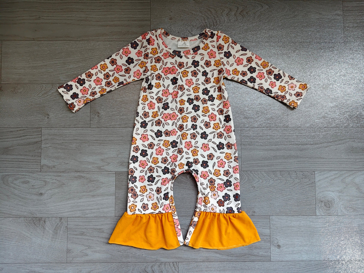 Mustard ruffle floral long sleeves baby girls fall romper