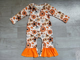 Orange ruffle floral long sleeves baby girls fall romper